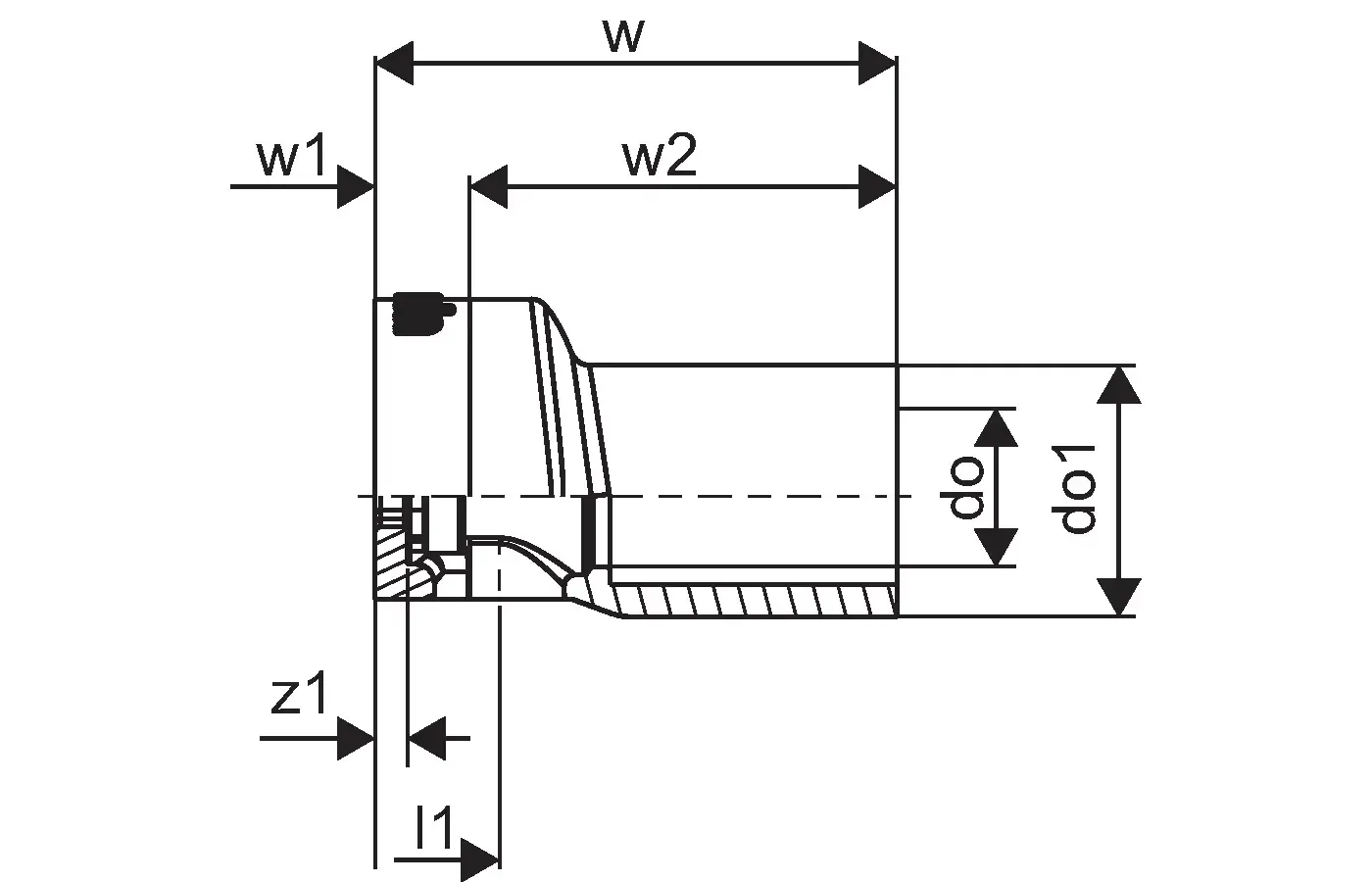 Technisches Diagramm eines Uponor-Produkts mit Abmessungen und detaillierten Angaben zu Durchmessern und Breiten. Darstellung der Konstruktion und Maße für Verbindungen.