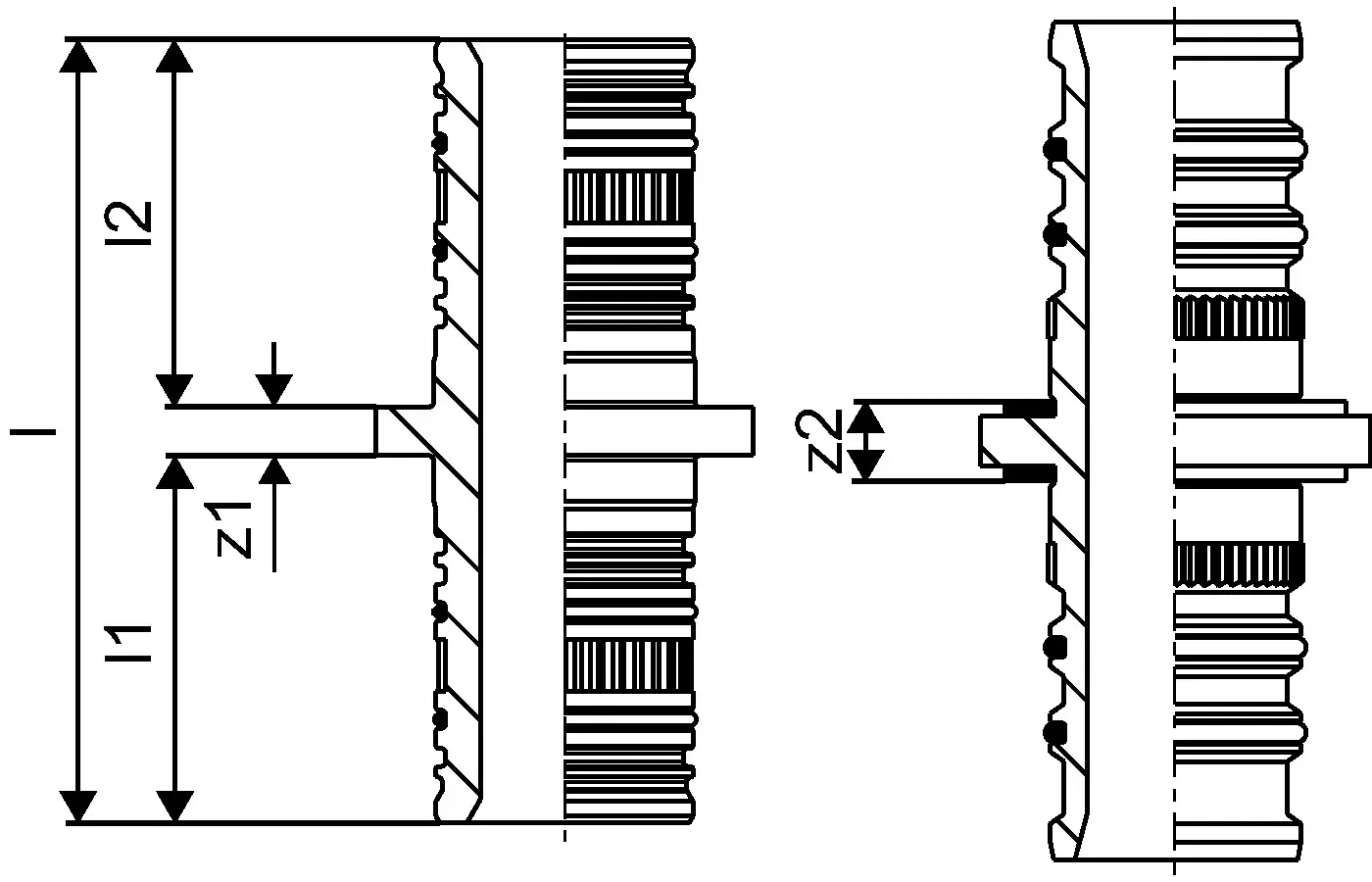 Uponor Press-Kupplung, seitliche Ansicht mit detaillierter Darstellung. Das Bild zeigt die Struktur und Maße ohne spezifische Angaben.