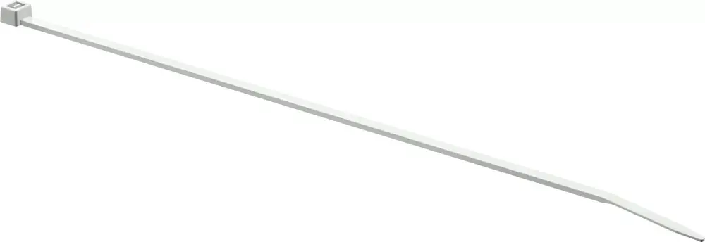 Weißer Rohrbinder von Uponor mit quadratischem Kopf und geradem, schmalem Band. Geeignet zur Befestigung von Rohren.