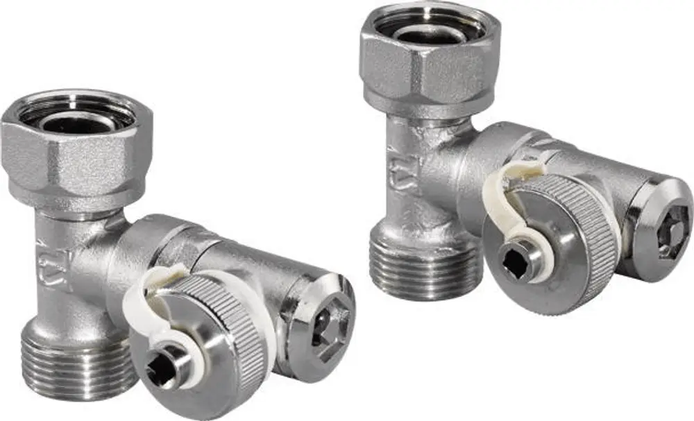 Zwei Metallventile von Uponor für Füll- und Entleerungsanwendungen, mit Verbindungsteilen in L-Form und einem einstellbaren Griff zur Regulierung des Flusses.