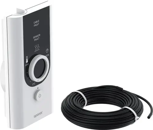 Weißer Regler von Uponor mit Temperaturregler und Anzeigelampen, neben einem schwarzen Kabel, das signalisiert, dass es sich um einen Temperatursensor handelt.