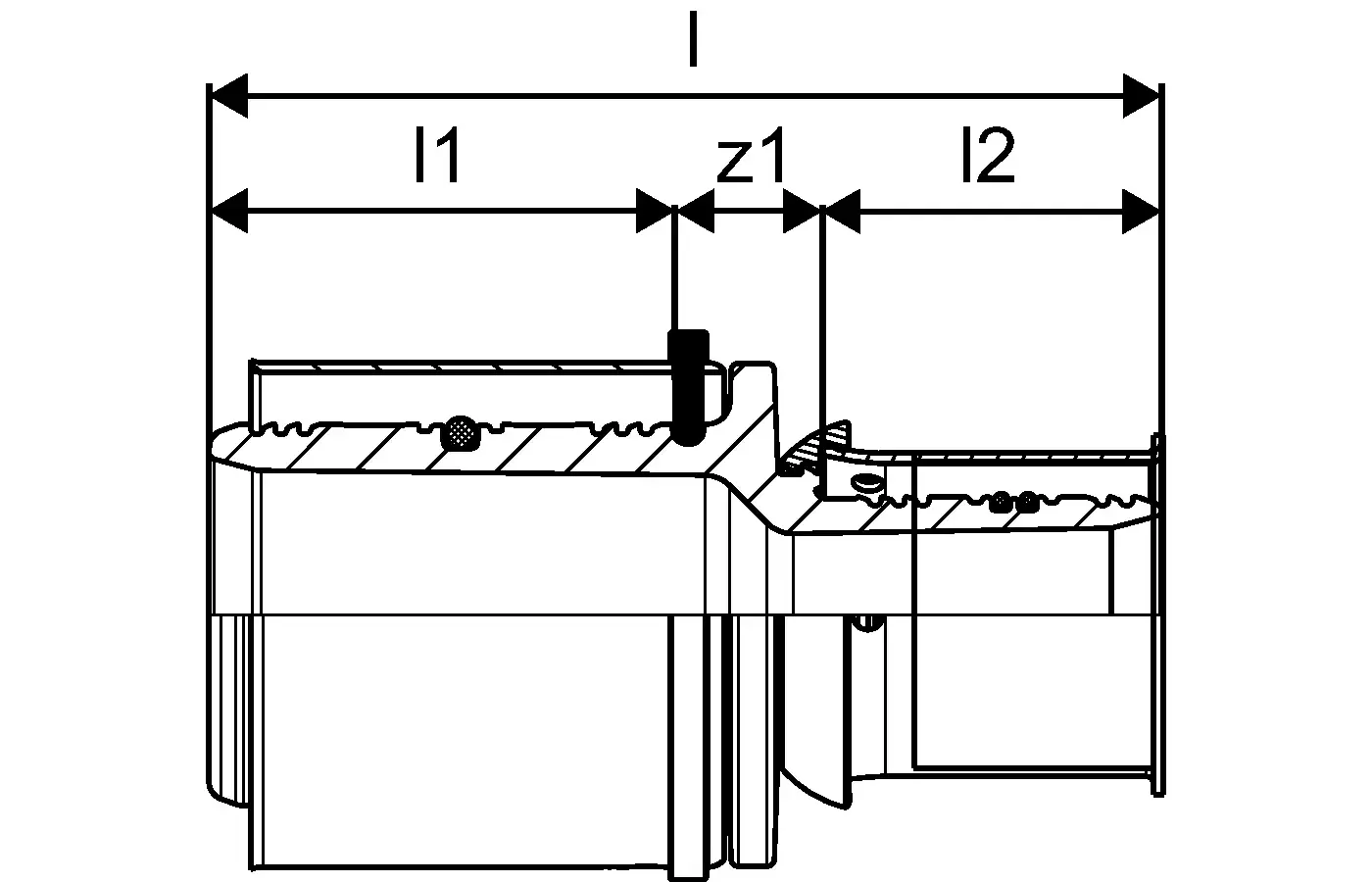 Kupplung von Uponor mit reduziertem Durchmesser, zeichnerische Darstellung zeigt Maße und geometrische Details für Verbindungen in Rohrsystemen.