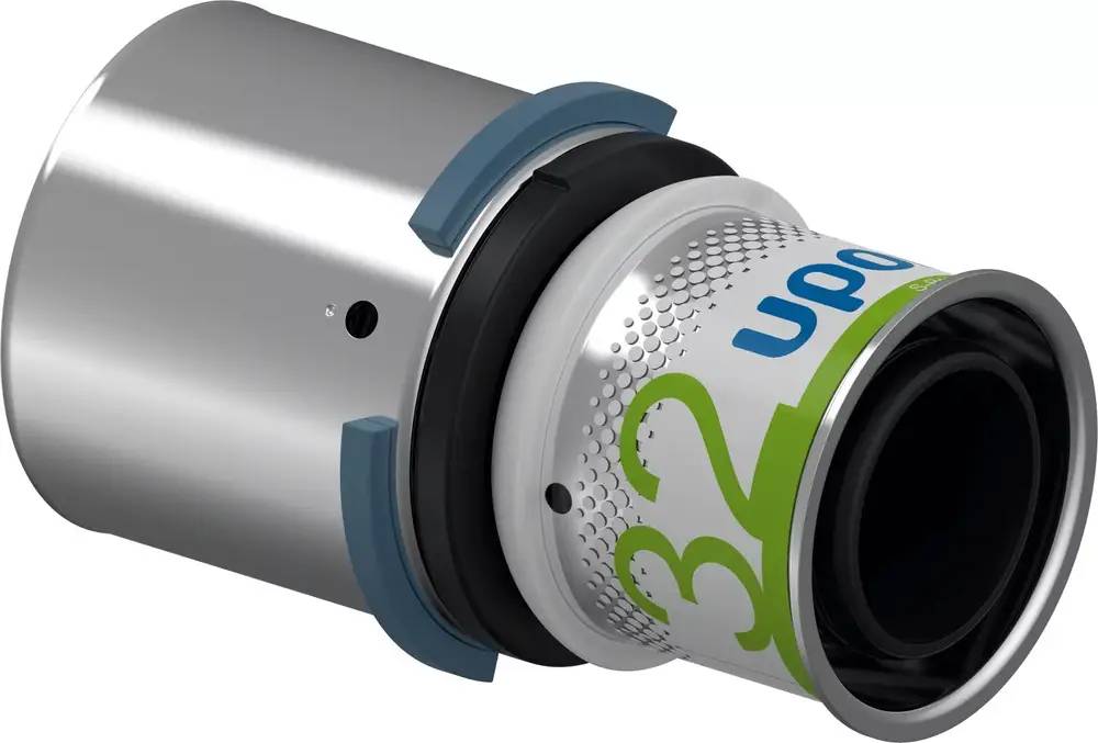 Kupplung von Uponor mit einem Metallteil und einer gummierten Dichtung, geeignet für Rohrverbindungen, mit farbigem Aufdruck und Einrastmechanismus.