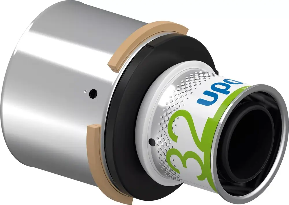 Kupplungselement von Uponor, mit einem schlanken Design und einer Kombinationsmöglichkeit für Rohrverbindungen. Geeignet für verschiedene Installationen in der Haustechnik.