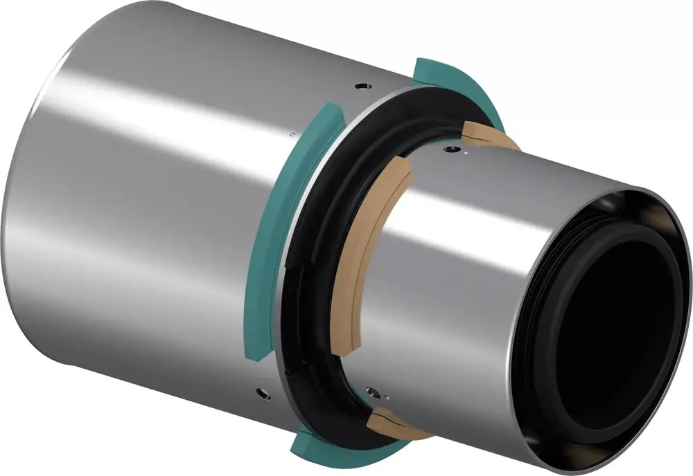 Metallische Kupplung mit gummierten Dichtungen, die von Uponor hergestellt wird, zur Verbindung von Rohren in Sanitärinstallationen.