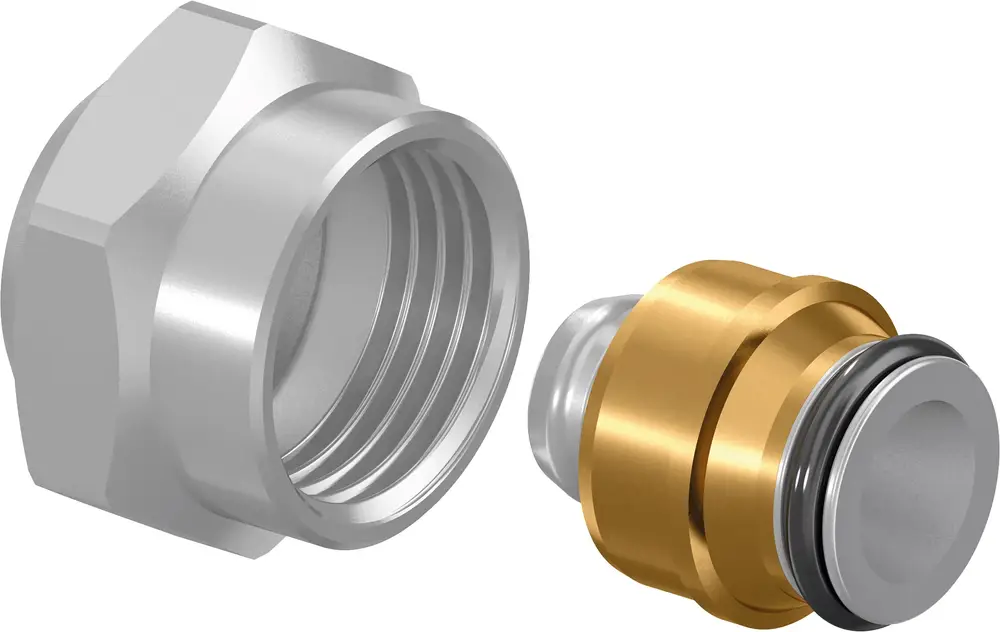 Metallische Verbindungselemente, bestehend aus einer silbernen Überwurfmutter und einem goldfarbenen Innenadapter, zur Verwendung mit Uponor-Systemen.
