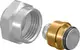 Zwei metallische Anschlussstücke, ein silbernes Gewinde mit Innenschraubung und ein goldfarbenes Bauteil mit O-Ring, passend für Uponor-Systeme.