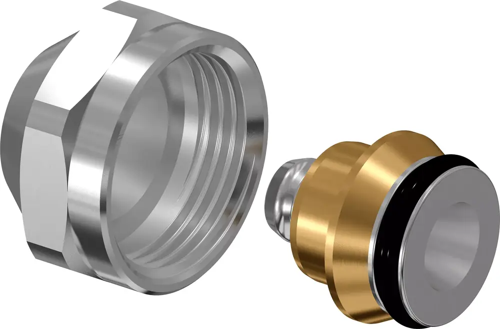 Zwei Kupplungsstücke aus Metall mit einem silbernen und einem goldfarbenen Element, die zur Verbindung von Rohrleitungen dienen. Produkt von Uponor.