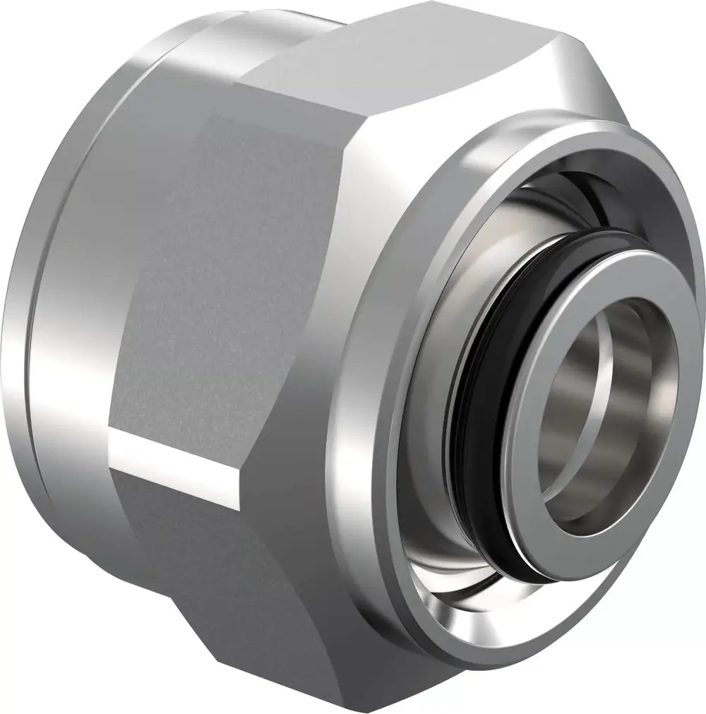 Verschraubung von Uponor mit metallischem Finish und O-Ring, geeignet für Rohrverbindungen.