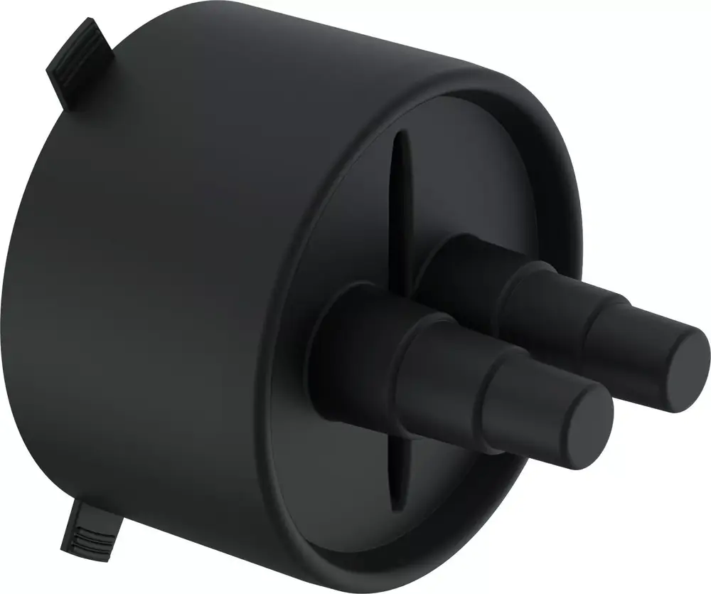 Schwarze Gummi-Endkappe mit zwei Anschlüssen, produziert von Uponor. Die Kappe hat eine runde Form und ist für den Anschluss von Rohren konzipiert.