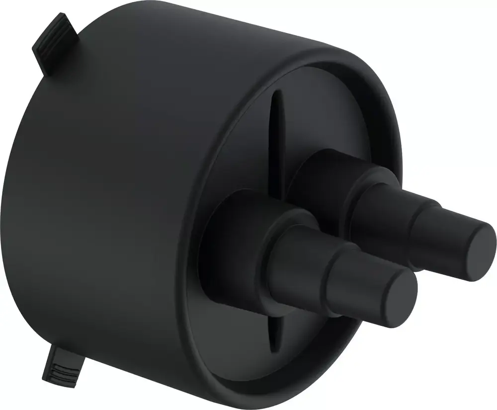 Schwarze Gummi-Endkappe von Uponor mit zwei anschlussfähigen Rohrstutzen. Die Kappe dient zur Abdichtung von Rohrleitungen.