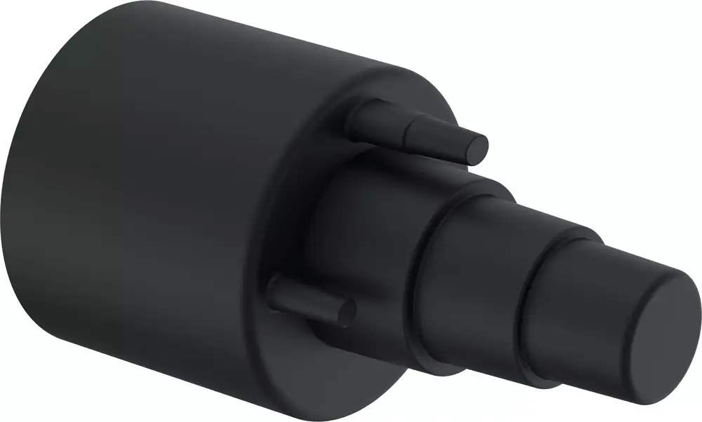 Schwarze Gummi-Endkappe mit zwei Auslässen, hergestellt von Uponor, für verschiedene Anwendungen. Kompakte Form mit runden Enden und seitlichen Anschlüssen.