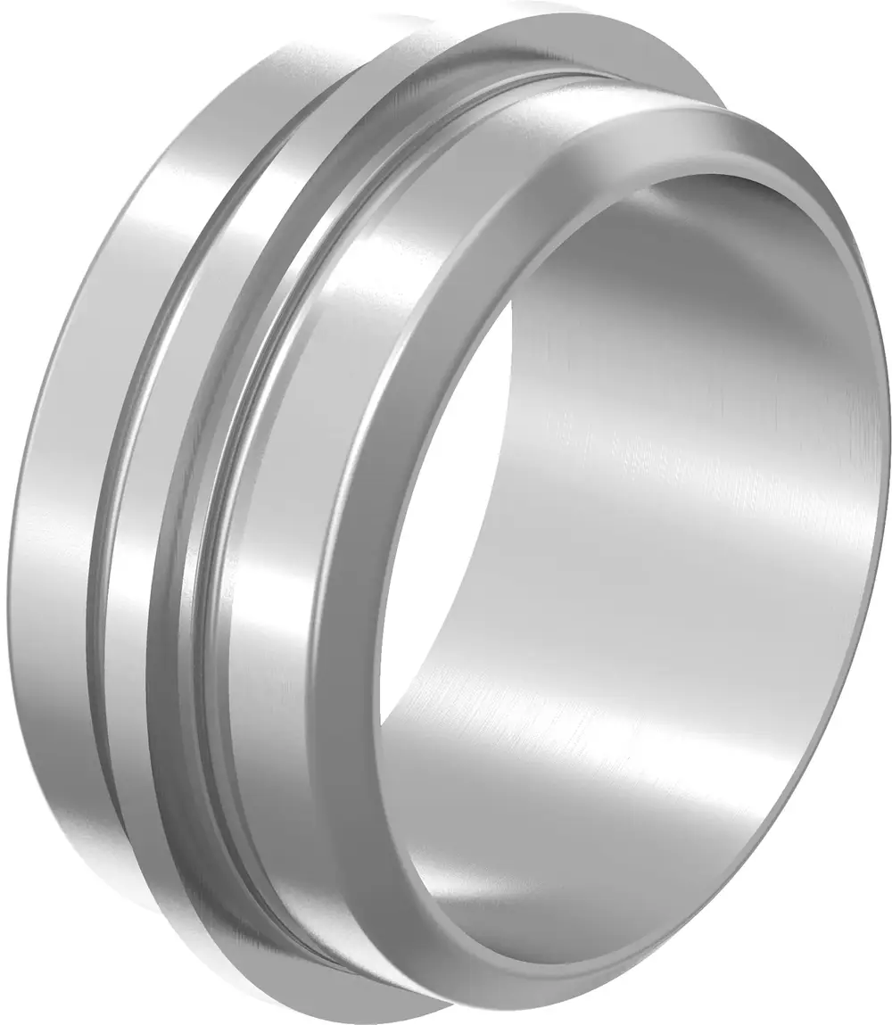 Silberner Distanzadapter mit zwei Rillen von Uponor, der durch eine zylindrische Form gekennzeichnet ist. Eignet sich für verschiedene Installationseinsätze.
