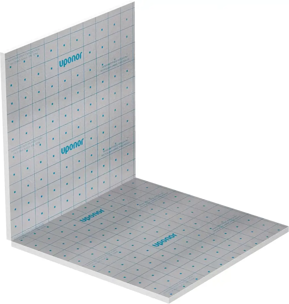 Boden- und Wandpaneel im Quadratdesign, beschriftet mit der Marke Uponor. Zeigt ein rautenförmiges Muster mit Basislinien zur Ausrichtung bei der Montage.