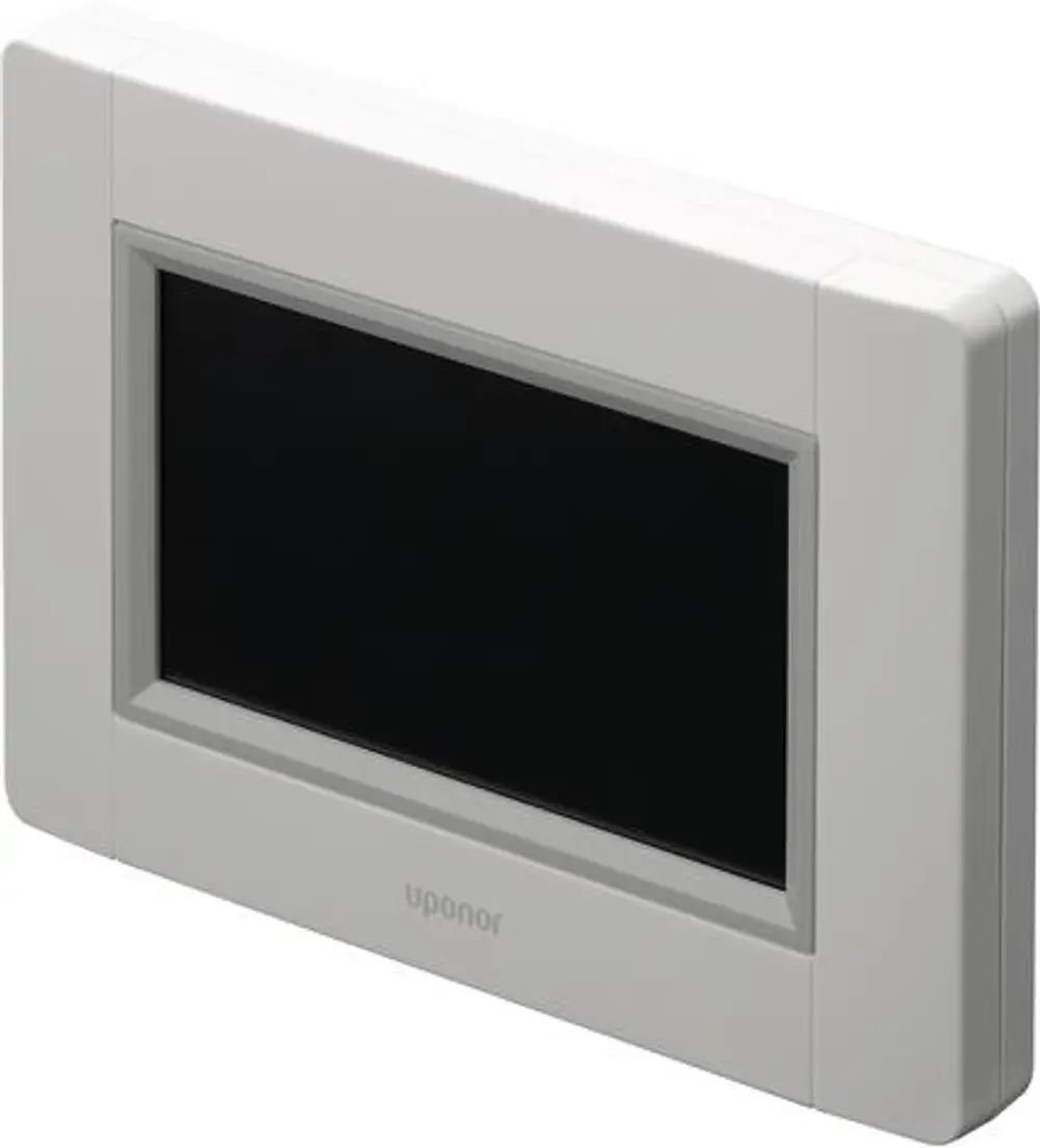 Weißes Bedienmodul mit schwarzem Display und der Marke Uponor, geeignet zur Steuerung von Heiz- und Kühlsystemen.