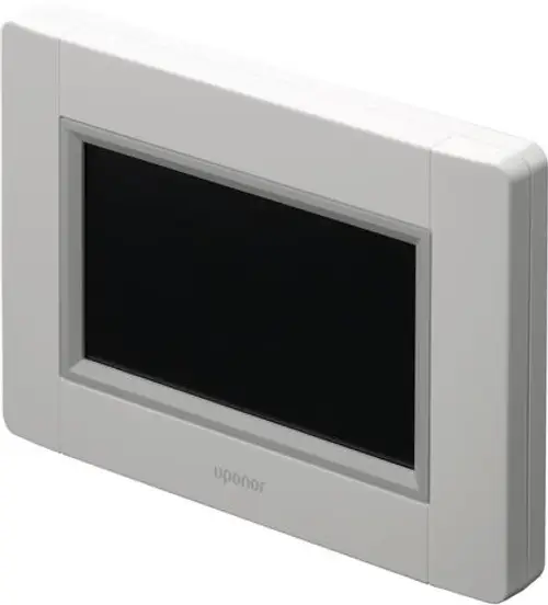 Weißes Bedienmodul mit schwarzem Display und der Marke Uponor, geeignet zur Steuerung von Heiz- und Kühlsystemen.
