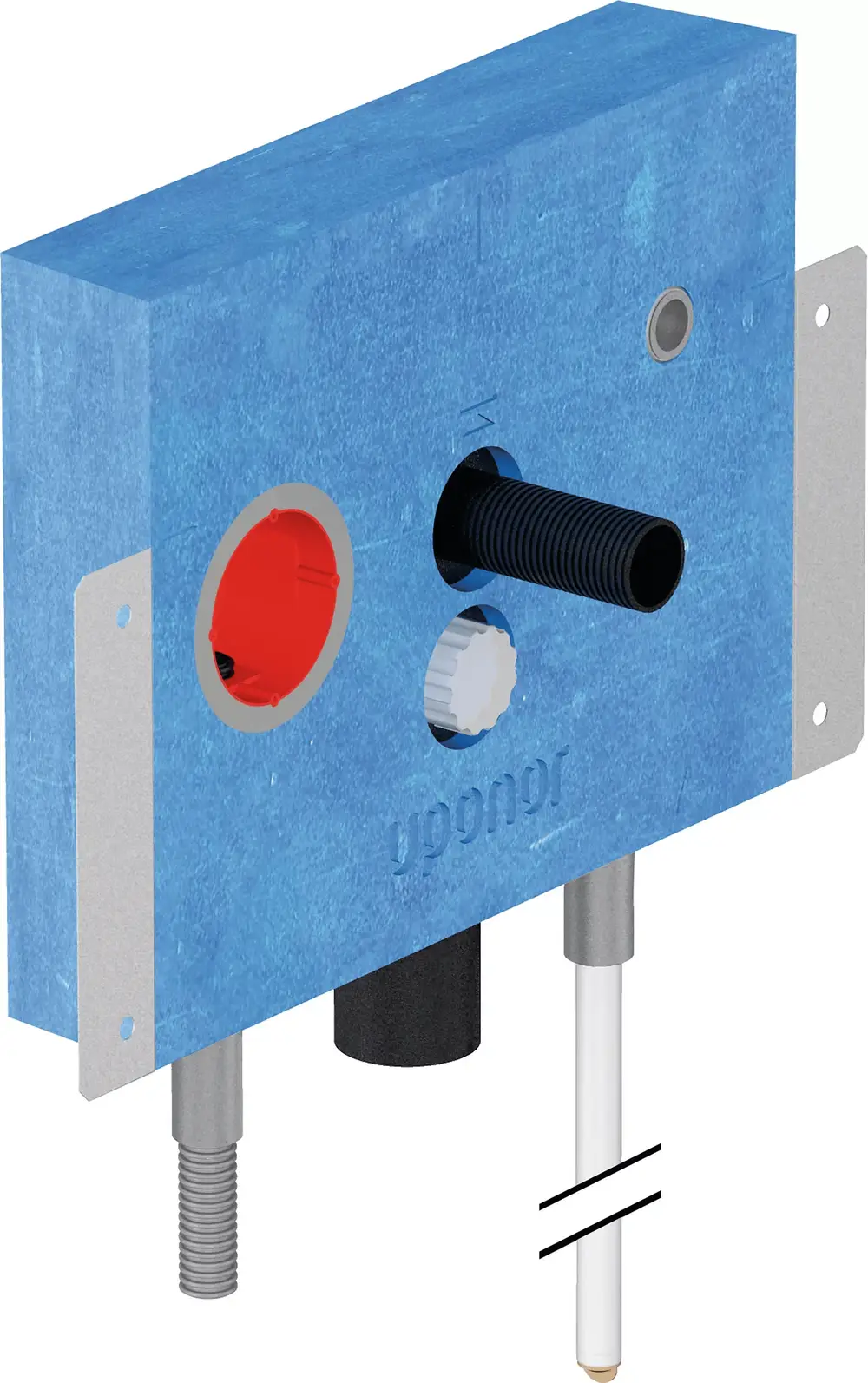 Blaues Wandmodul von Uponor mit verschiedenen Anschlüssen, darunter ein roter und ein schwarzer Anschluss, sowie eine Drehknopfsteuerung und Metallhalterungen an der Seite.