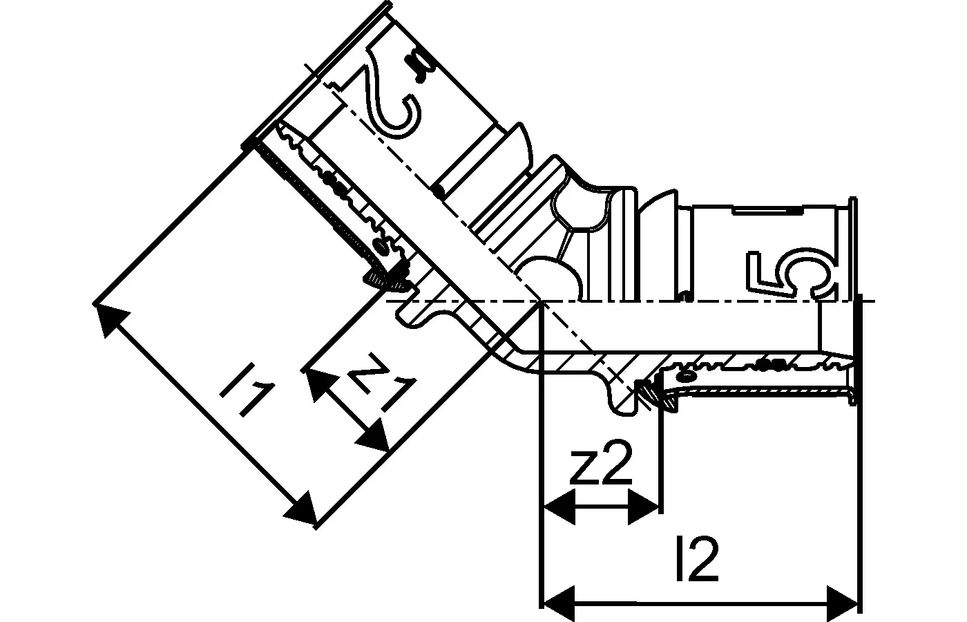 Winkelstück aus Kunststoff von Uponor mit 45°-Neigung für Rohrverbindungen. Technische Zeichnung zeigt maßhaltige Details und Anschlusspunkte.