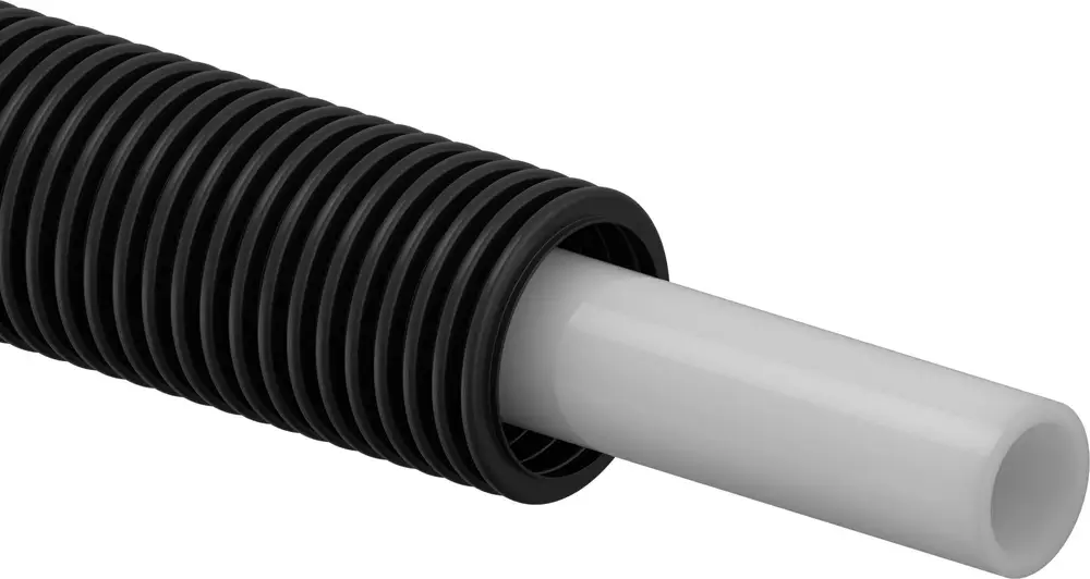 Schwarzes Schutzrohr mit weißem Innenrohr, das robust gestaltet ist. Geeignet für den Einsatz mit Uponor Produkten.