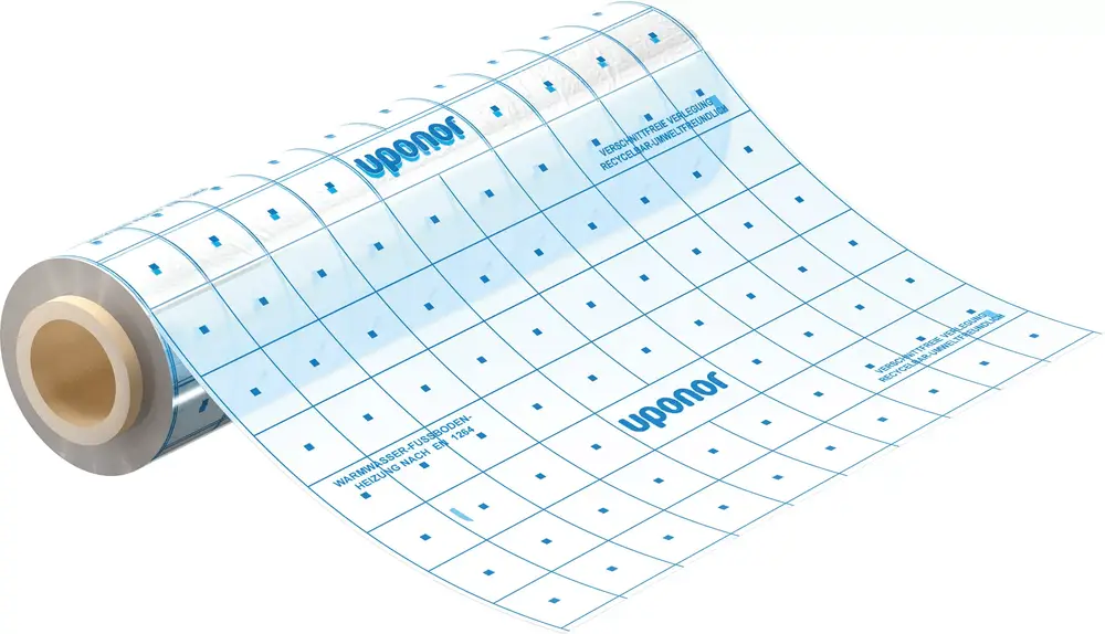 Transparente Folie auf Rolle mit quadratischem Muster, gekennzeichnet mit der Marke Uponor, zur Verwendung im Bau- oder Heizungsbereich.