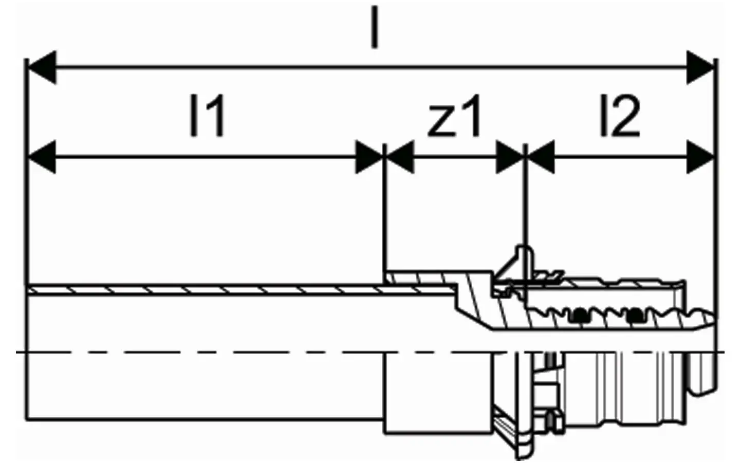 Uponor S-Press Übergangselement für Kupferrohre, grafische Darstellung mit Maßen und Schnittansicht, zeigt Anschlusstechniken und Geometrie des Produkts.