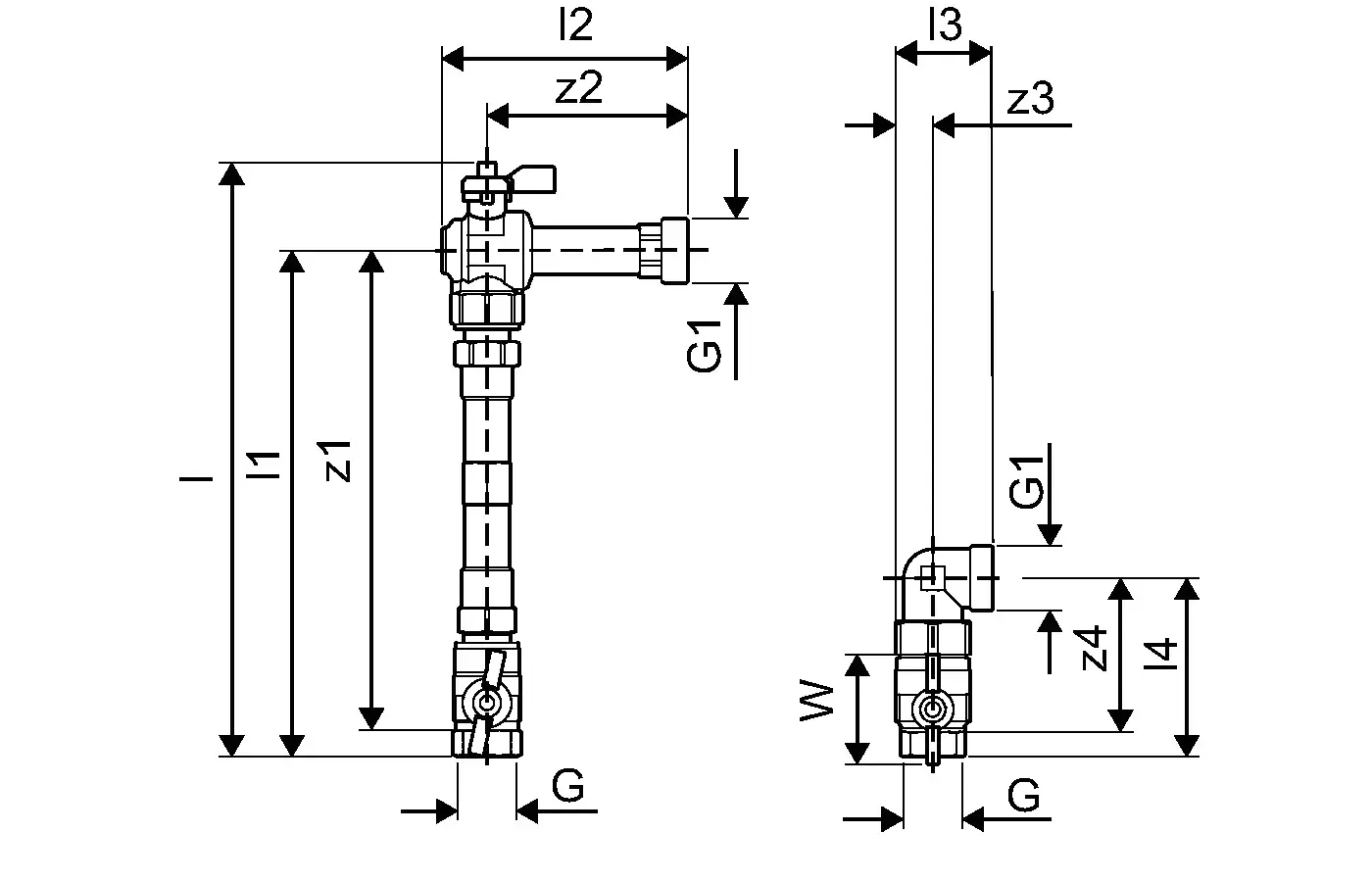 Anschlussset von Uponor, bestehend aus verschiedenen Vertikalrohren und Armaturen, dargestellt in technischem Diagramm mit Maßangaben und Skizzen.