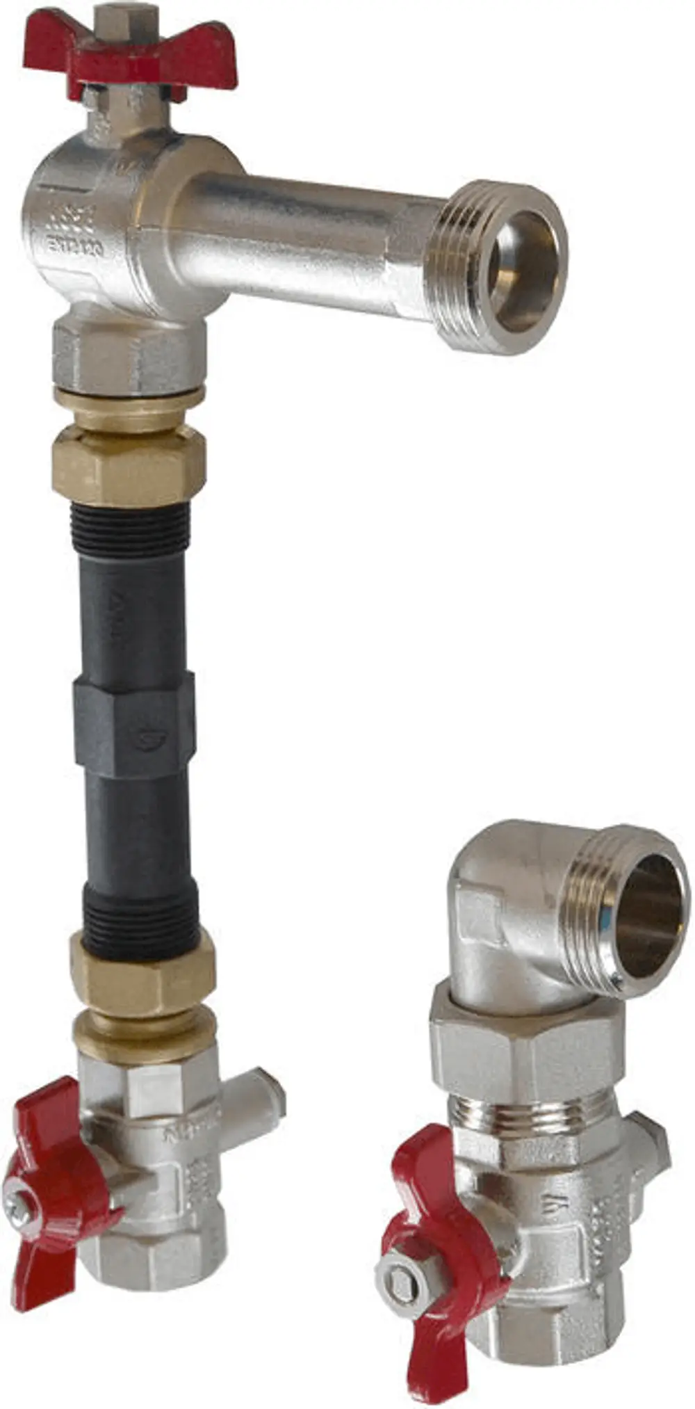 Anschlussset mit zwei Ventilen, einer geraden und einer winkeligen Verbindung. Geeignet für die Verwendung mit Uponor-Systemen zur Installation von Heizungs- oder Wasserleitungen.