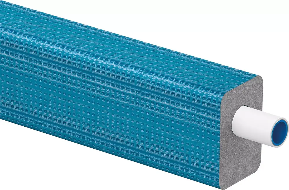 Vorgedämmtes Rohrsystem von Uponor mit blauer Außenschicht und weißem inneren Rohr. Geeignet für Heizungs- und Sanitärinstallationen.