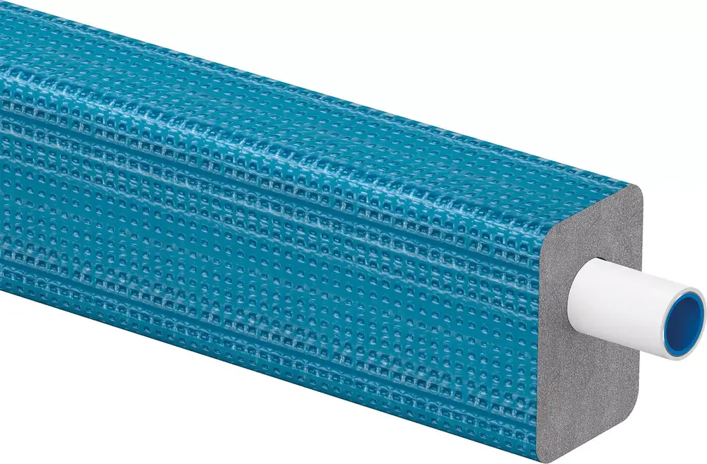Vorgedämmtes Rohrsystem von Uponor, in blauer Farbe mit einer weißen Innenersatzleitung, auf einem grauen Untergrund platziert.