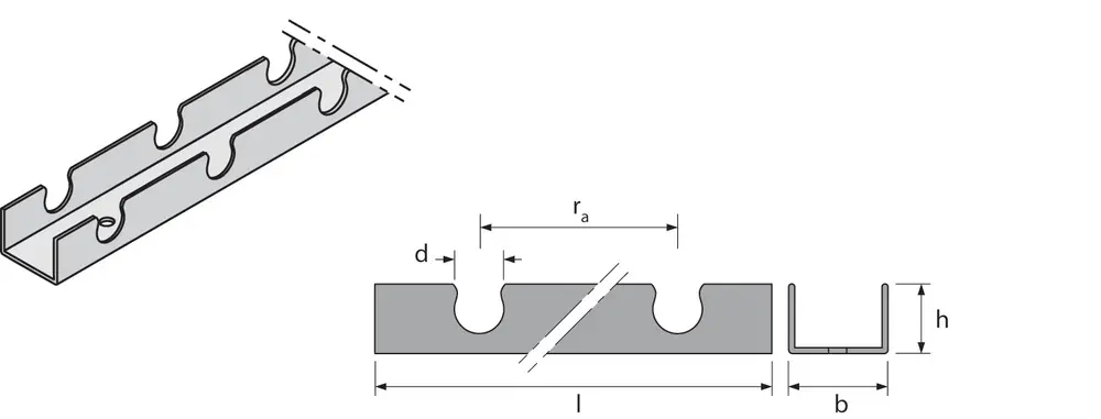 Fix Klemmschiene von Uponor, profilierte Metallkonstruktion mit ausgeprägten Klemmschlitzen, dominant horizontal ausgerichtet, abgerundete Kanten, geeignet für Befestigungen.