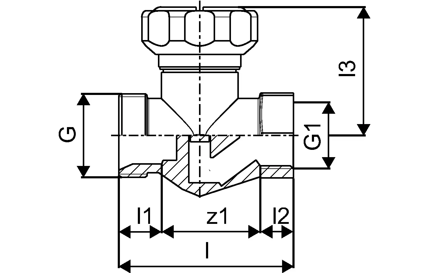 Uponor Vario Feinregulierventil in einem technischen Diagramm, seitliche Ansicht mit verschiedenen Maßen und Anschlussmöglichkeiten dargestellt.