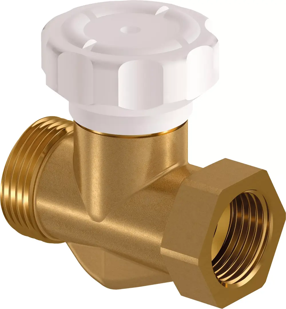 Vario-Regulierventil aus Messing mit einem weißen Griff. Anschlussgewinde für eine sichere Verbindung, hergestellt von Uponor.