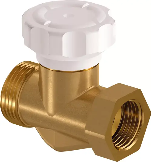 Vario-Regulierventil aus Messing mit einem weißen Griff. Anschlussgewinde für eine sichere Verbindung, hergestellt von Uponor.