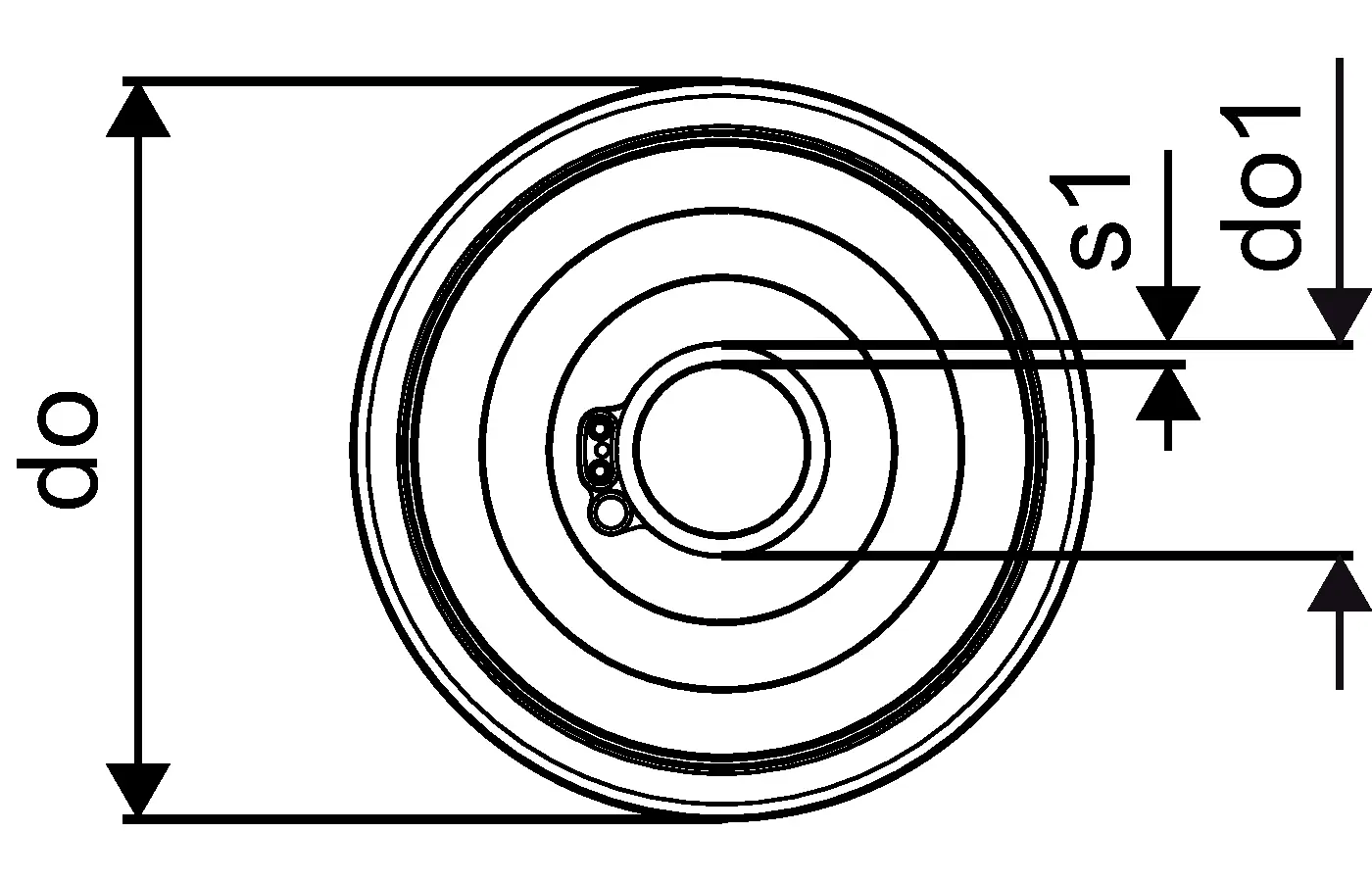 Diagramm eines Kabels mit verschiedenen Durchmessern und Steigungen, dargestellt in schwarz-weiß. Es zeigt technische Details, passend für die Marke Uponor.