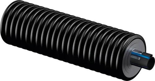 Schwarzes, gerilltes Kabel von Uponor mit konischem Ende und seitlichem Anschluss. Das Produkt hat eine längliche Form und ist für technische Anwendungen ausgelegt.