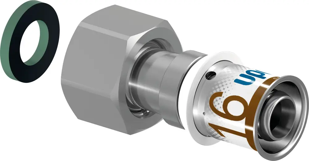 Verschraubung von Uponor mit Metallgehäuse, Dichtung und einem Außengewinde. Das Teil dient zur Verbindung von Rohrleitungen in Installationen.