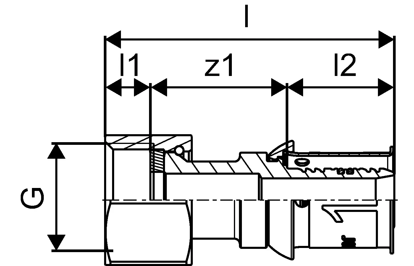 Zweidimensionale technische Zeichnung einer Verschraubung mit klaren Maßen, dargestellt in einer schematischen Ansicht. Produkt von Uponor, zeigt das Innengewinde und die Anschlussdetails.