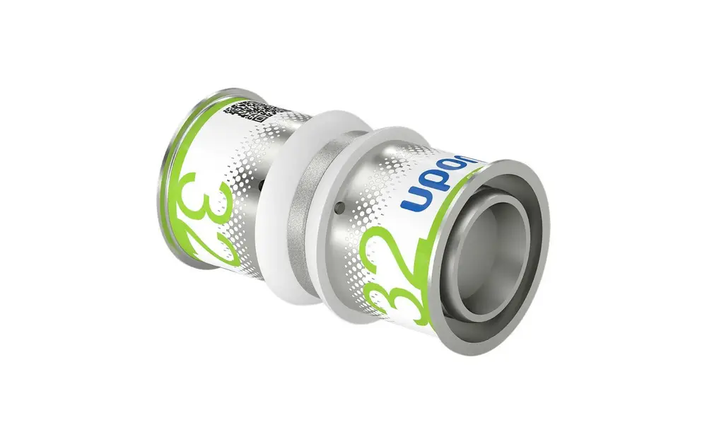 Kupplungselement von Uponor mit einer Kombination aus Aluminium und Kunststoff, erkennbar an einer weißen und silbernen Farbgebung sowie einer grafischen Kennzeichnung.