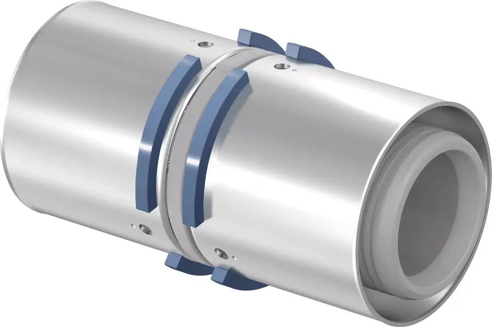Verbundkupplung aus metallischem Material mit blauen Halteclips, hergestellt von Uponor, zur Verbindung von Rohrleitungen.