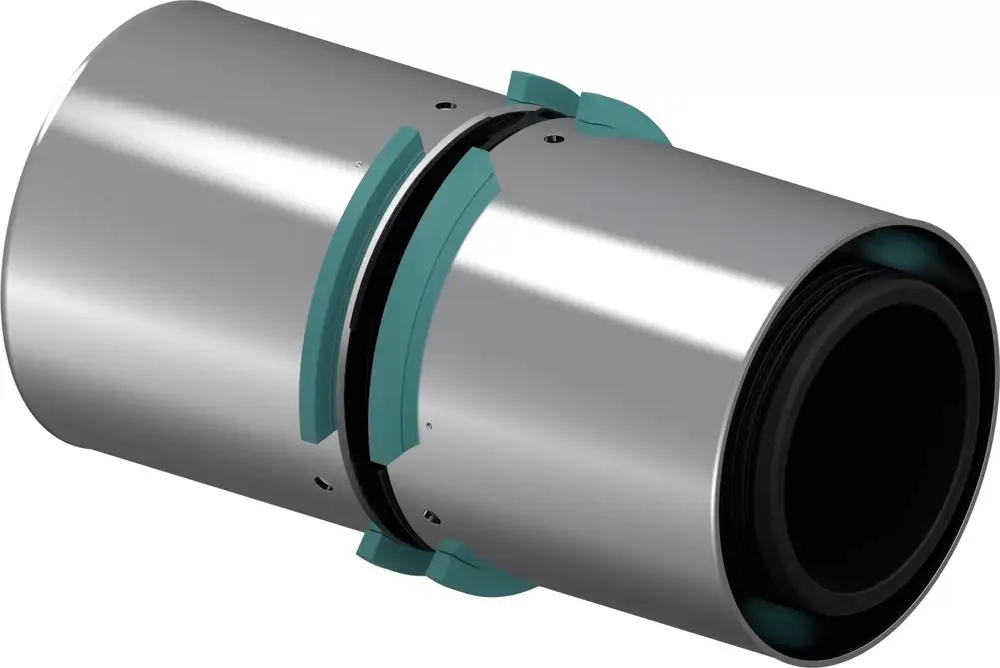 Verbundkupplung aus Metall mit grünem Dichtungsring, hergestellt von Uponor. Das Produkt dient zur Verbindung von Rohren in der Installationstechnik.
