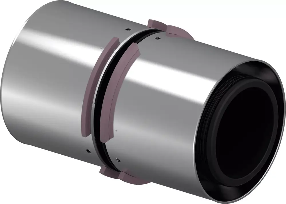 Verchromte Kupplung mit gummiertem Ring, von Uponor, zur Verbindung von Rohren. Sichtbare Spannmechanismen zur sicheren Montage.