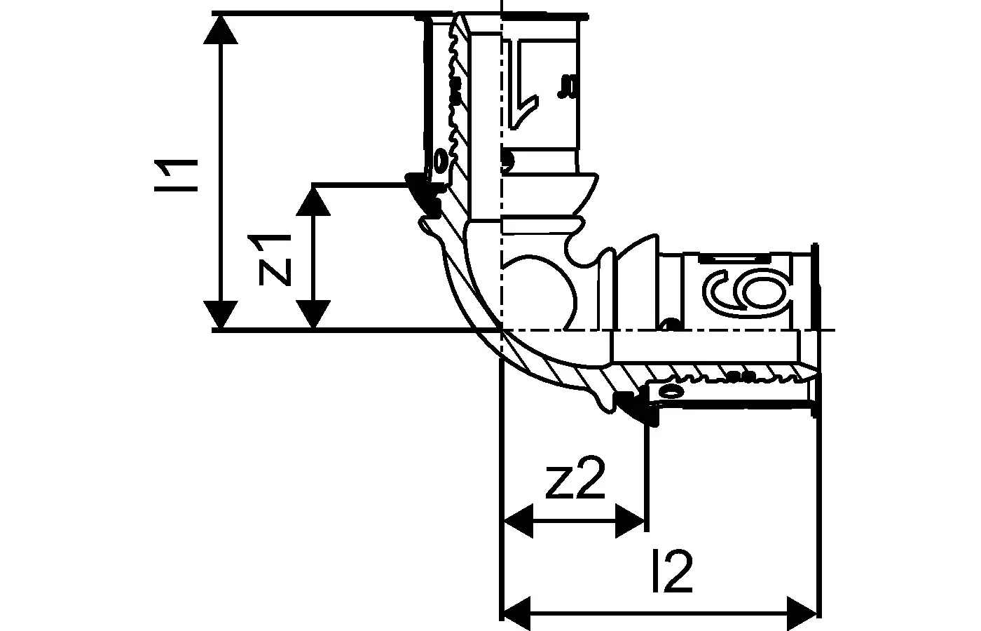 Bogen aus Kunststoff mit Anschlussmöglichkeiten, dargestellt in Rückansicht. Produkt von Uponor, geeignet für die Verbindung von Rohrsystemen.