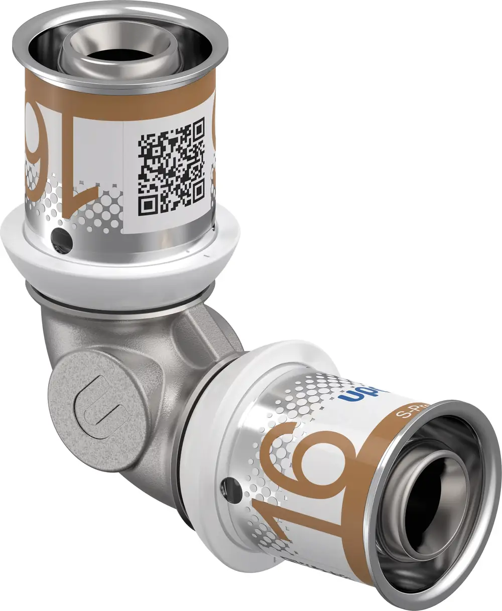 Bogen aus Metall mit zwei Anschlussenden für Rohrverbindungen, gekennzeichnet mit Uponor und einem QR-Code.