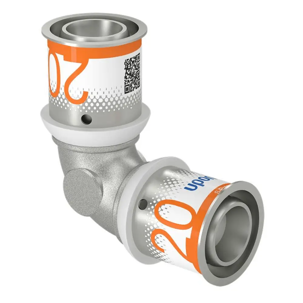 Bogen für Rohrverbindungen aus Metall mit weißen Dichtungen und orangefarbener Beschriftung. Produkt von Uponor, geeignet für Installationen in Sanitär- und Heizungsanwendungen.