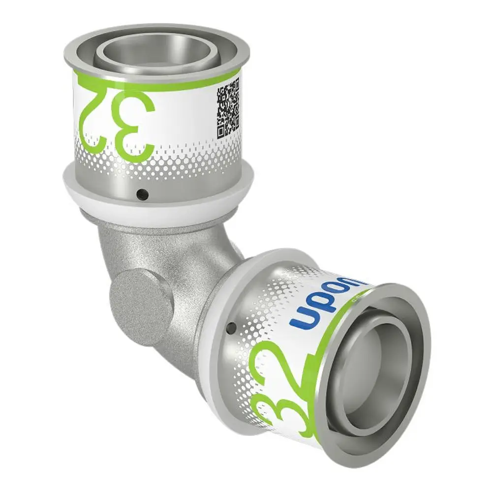 Bogen mit zwei Anschlussmöglichkeiten, hergestellt aus Metall. Auf dem Produkt sind die Marke Uponor sowie eine QR-Code- und Nummerierung zu sehen.