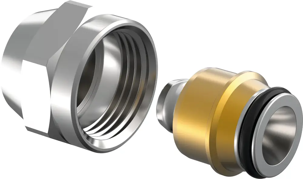 Verschraubungsteil aus Metall, hergestellt von Uponor, bestehend aus einem linken Ende mit Gewinde und einem rechten Ende mit O-Ring, geeignet für Rohrverbindungen.