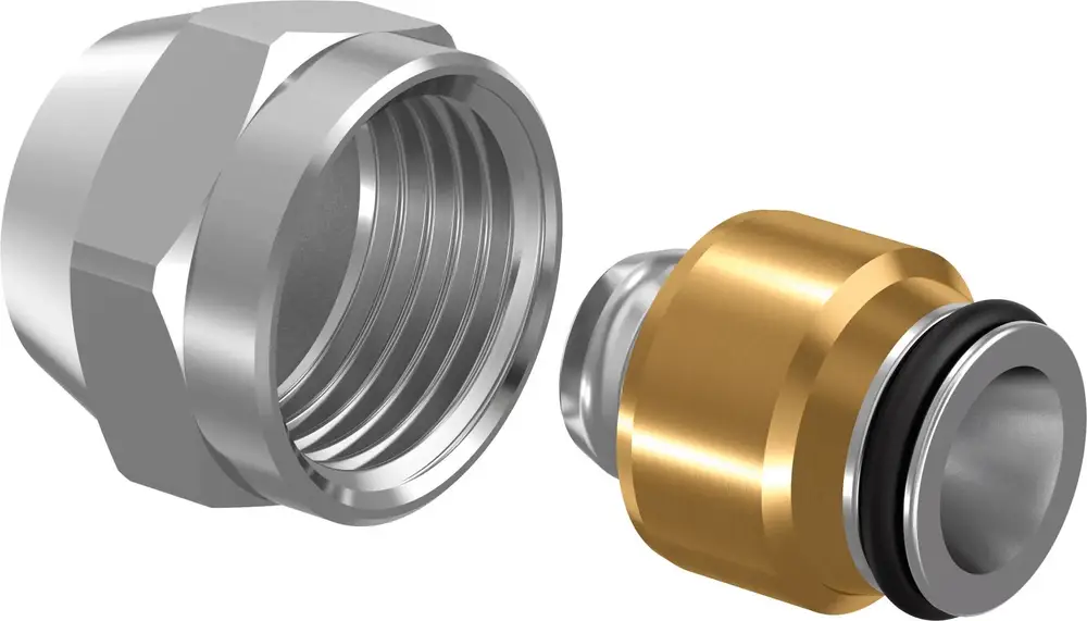 Zwei separate Teile einer Verschraubung, einer aus glänzendem Metall und der andere in Kupferoptik, mit einer Dichtung, hergestellt von Uponor.