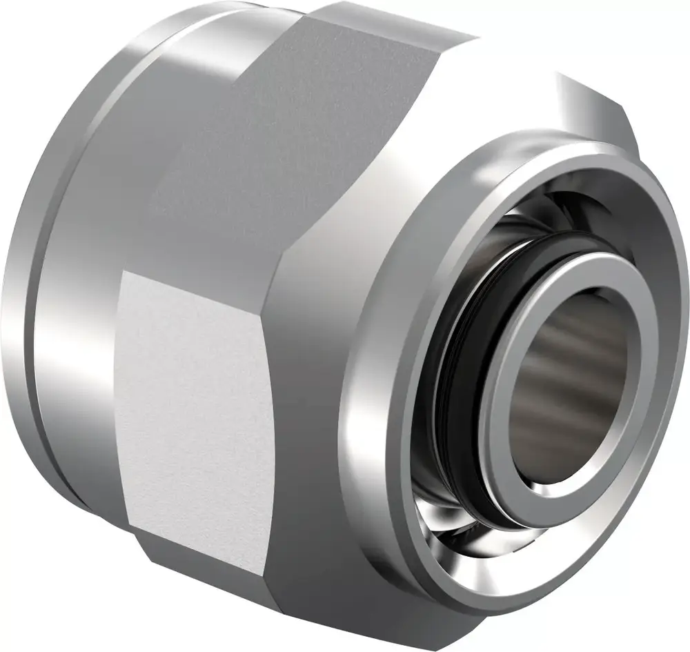 Metallische Verschraubung mit glatter Oberfläche, verwendet in Rohrsystemen, hergestellt von Uponor.