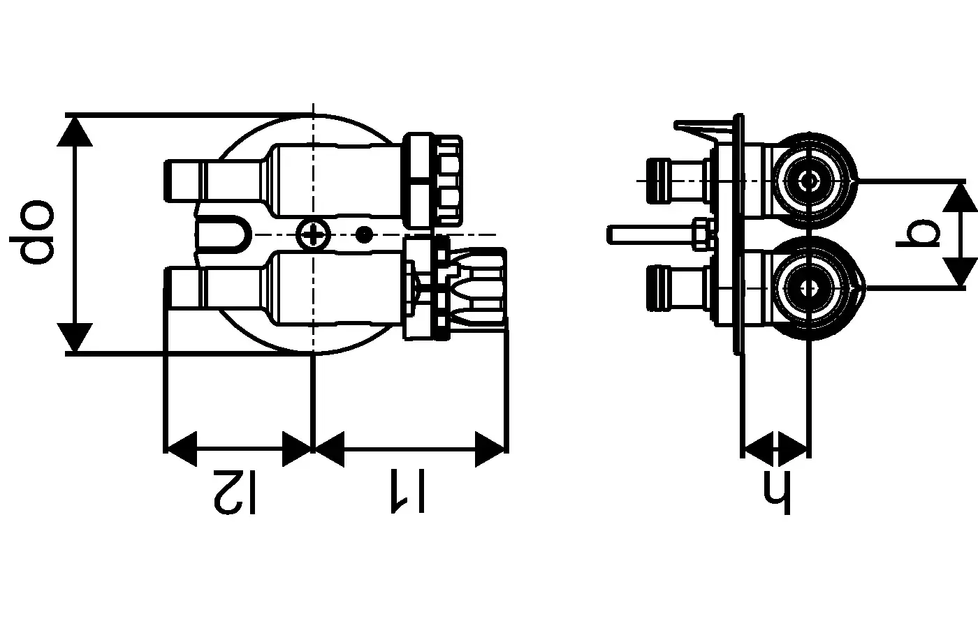 Doppeladapter mit zwei Anschlüssen, grafisch dargestellt, zur Nutzung mit Uponor-Systemen. Technische Maße und Details sind schematisch abgebildet.