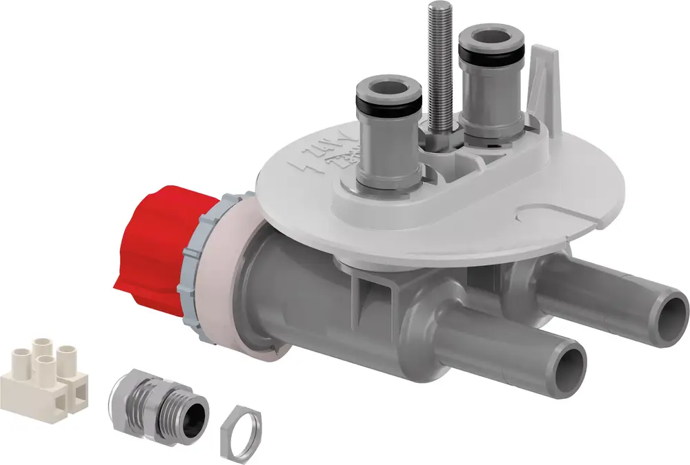 Konischer grauer Adapterstecker mit rotem Handgriff und zwei Auslässen, Zubehörteile daneben, ausgeführt von der Marke Uponor.